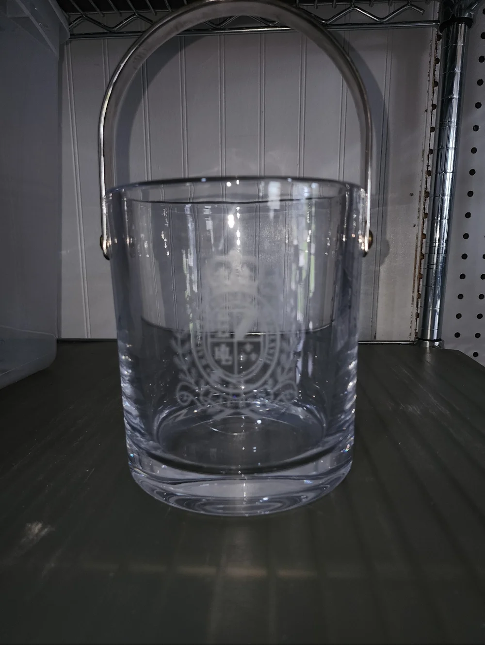RALPH LAUREN CRYSTAL ICE BUCKET CLEAR WITH GOLD METAL HANDLE CLASSIC CREST LOGO
